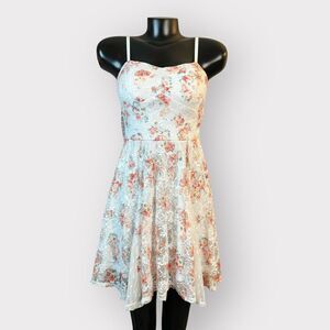 Lily Rose NWOT Mini Dress Womens S Juniors M Floral Lace Cream White Coral Teal